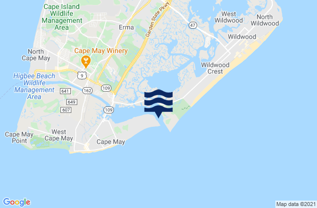 Mapa da tábua de marés em Cape May Harbor entrance, United States