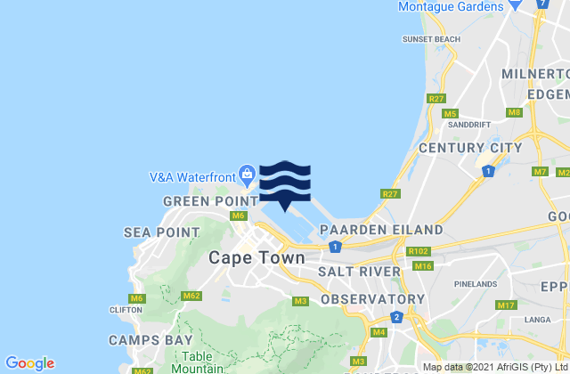 Mapa da tábua de marés em Cape Town, South Africa