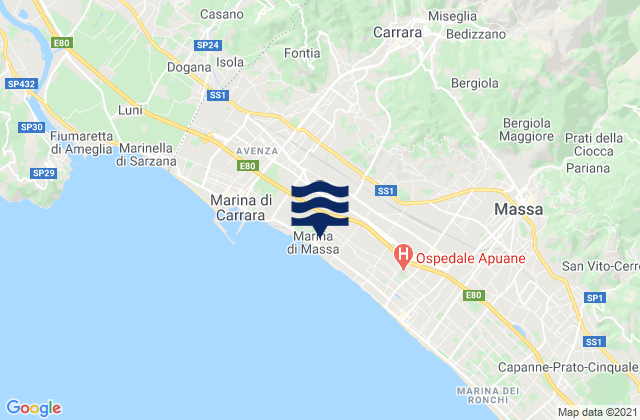 Mapa da tábua de marés em Carrara, Italy