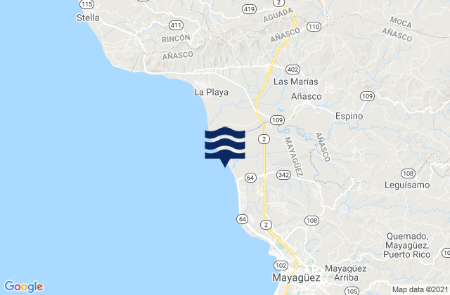 Mapa da tábua de marés em Carreras Barrio, Puerto Rico