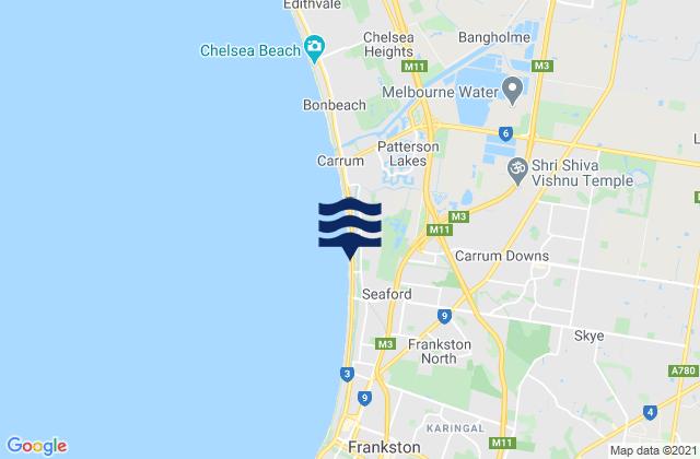 Mapa da tábua de marés em Carrum Downs, Australia
