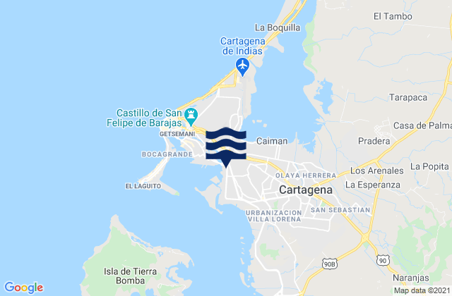 Mapa da tábua de marés em Cartagena, Colombia