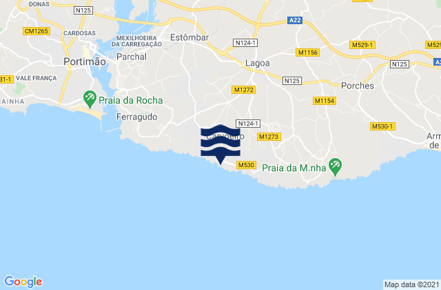 Mapa da tábua de marés em Carvoeiro, Portugal