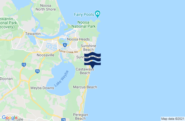 Mapa da tábua de marés em Castaways Beach, Australia