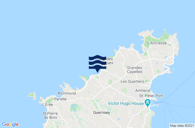 Mapa da tábua de marés em Castel, Guernsey