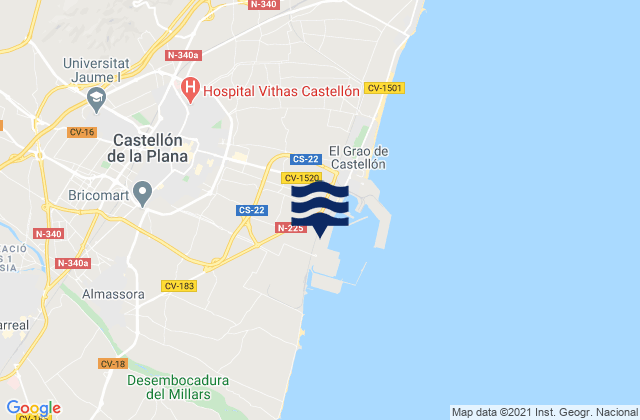 Mapa da tábua de marés em Castelló de la Plana, Spain