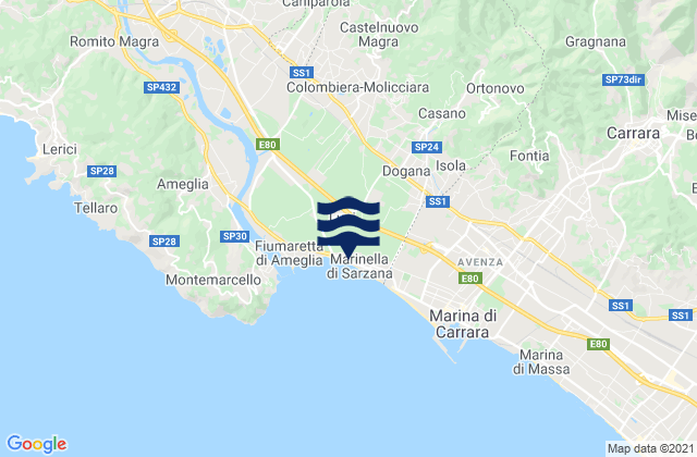 Mapa da tábua de marés em Castelnuovo Magra, Italy