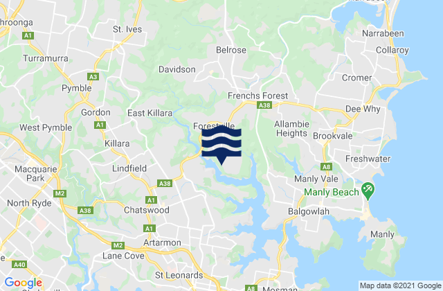 Mapa da tábua de marés em Castle Cove, Australia