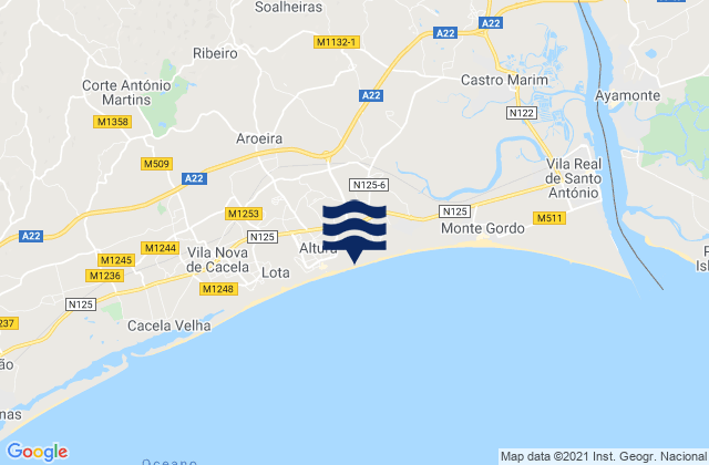 Mapa da tábua de marés em Castro Marim, Portugal