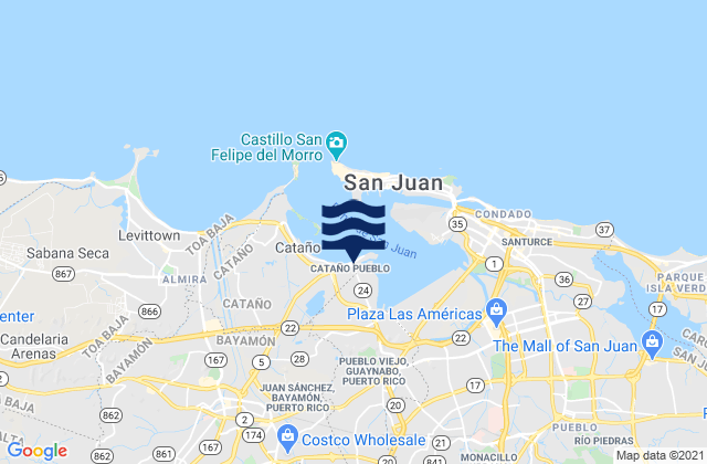 Mapa da tábua de marés em Cataño, Puerto Rico