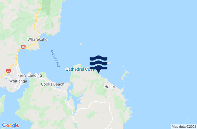 Mapa da tábua de marés em Cathedral Cove, New Zealand