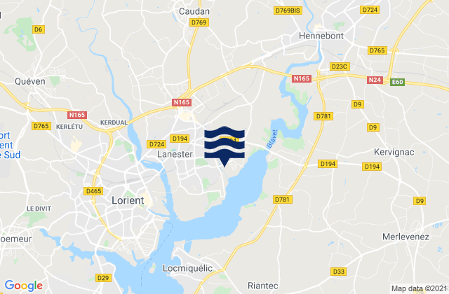 Mapa da tábua de marés em Caudan, France