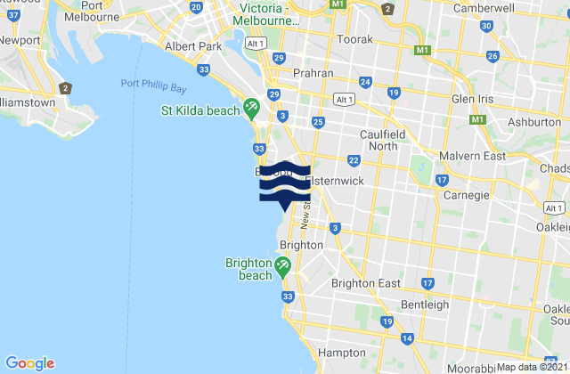 Mapa da tábua de marés em Caulfield East, Australia