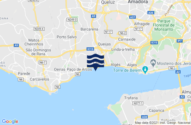 Mapa da tábua de marés em Caxias, Portugal