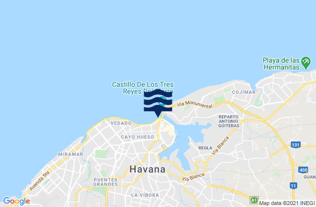 Mapa da tábua de marés em Cayo Cruz, Cuba