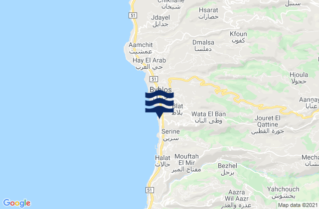 Mapa da tábua de marés em Caza de Jbayl, Lebanon