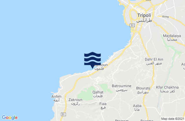 Mapa da tábua de marés em Caza de Koura, Lebanon