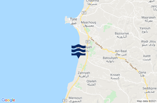 Mapa da tábua de marés em Caza de Tyr, Lebanon