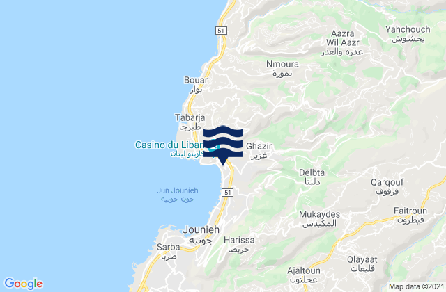 Mapa da tábua de marés em Caza du Kesrouane, Lebanon