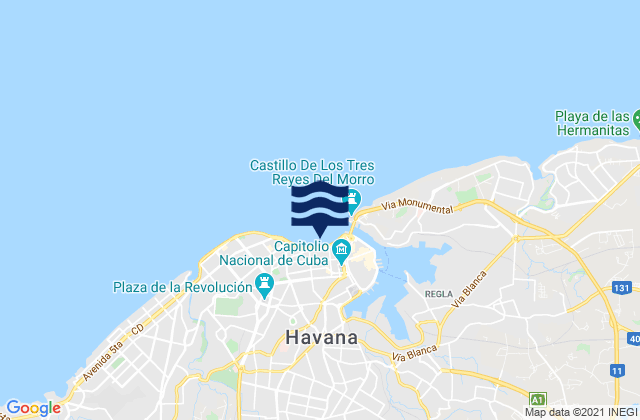 Mapa da tábua de marés em Centro Habana, Cuba