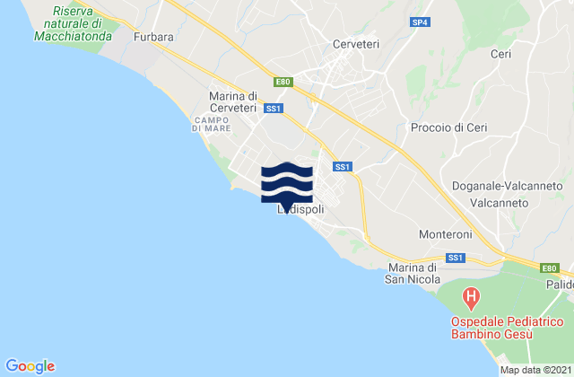 Mapa da tábua de marés em Cerveteri, Italy
