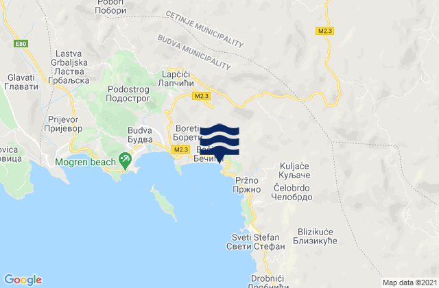 Mapa da tábua de marés em Cetinje, Montenegro