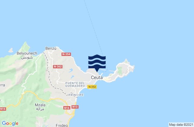 Mapa da tábua de marés em Ceuta Port, Spain