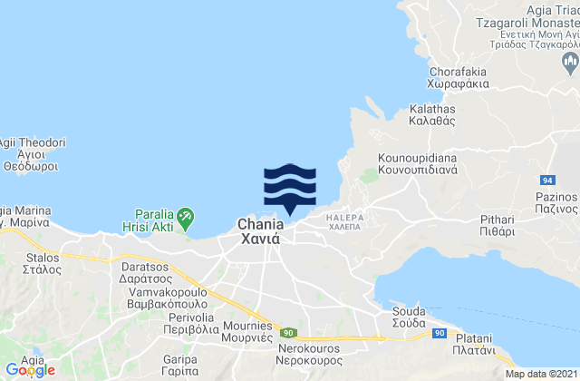 Mapa da tábua de marés em Chaniá, Greece