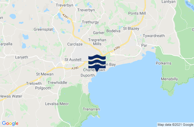 Mapa da tábua de marés em Charlestown Beach, United Kingdom
