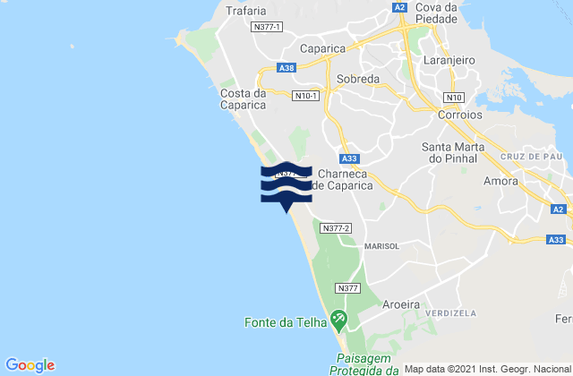 Mapa da tábua de marés em Charneca de Caparica, Portugal