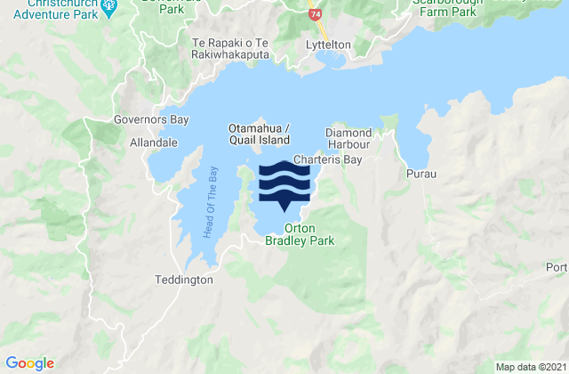 Mapa da tábua de marés em Charteris Bay, New Zealand