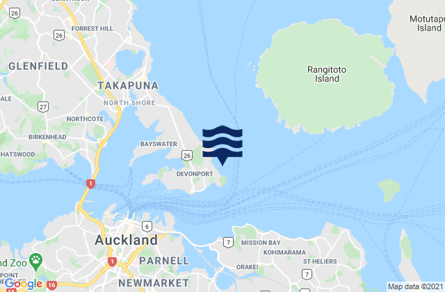 Mapa da tábua de marés em Cheltenham Beach, New Zealand