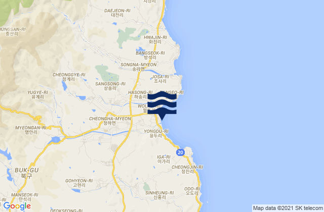 Mapa da tábua de marés em Cheongha, South Korea