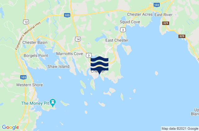 Mapa da tábua de marés em Chester, Canada