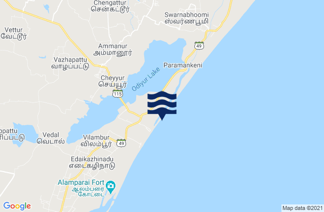 Mapa da tábua de marés em Cheyyur, India