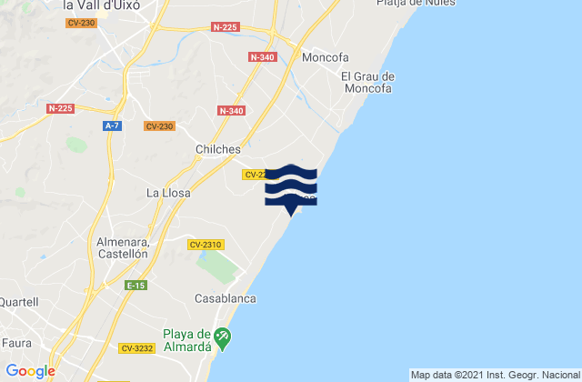 Mapa da tábua de marés em Chilches, Spain