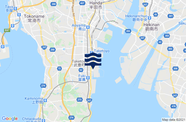 Mapa da tábua de marés em Chita-gun, Japan