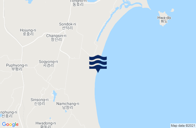 Mapa da tábua de marés em Chongpyong County, North Korea