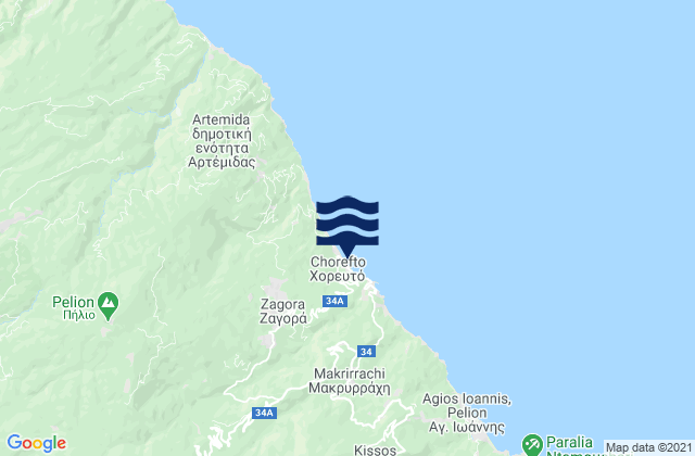 Mapa da tábua de marés em Chorefto, Greece
