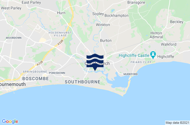 Mapa da tábua de marés em Christchurch, United Kingdom