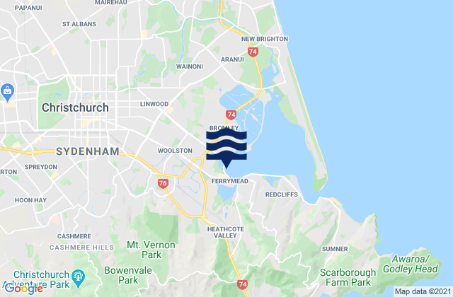 Mapa da tábua de marés em Christchurch, New Zealand