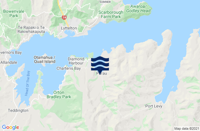 Mapa da tábua de marés em Christchurch City, New Zealand