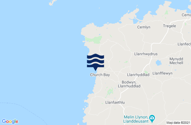Mapa da tábua de marés em Church Bay - Porth Swtan Beach, United Kingdom