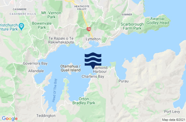 Mapa da tábua de marés em Church Bay, New Zealand