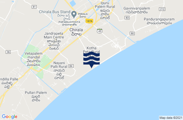 Mapa da tábua de marés em Chīrāla, India