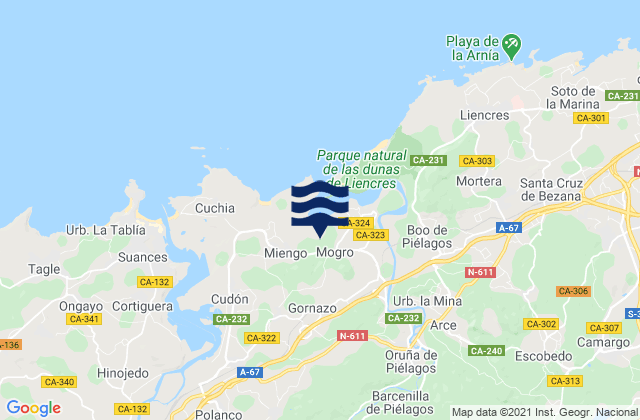 Mapa da tábua de marés em Cillero, Spain