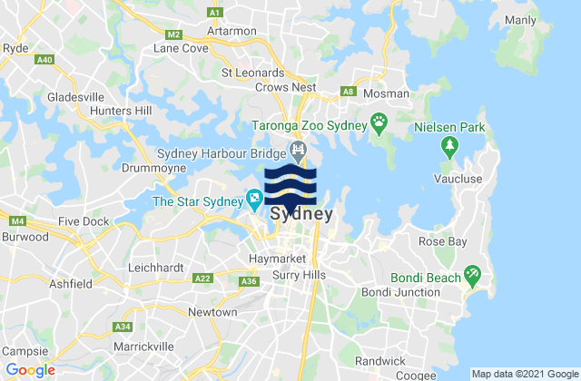 Mapa da tábua de marés em City of Sydney, Australia