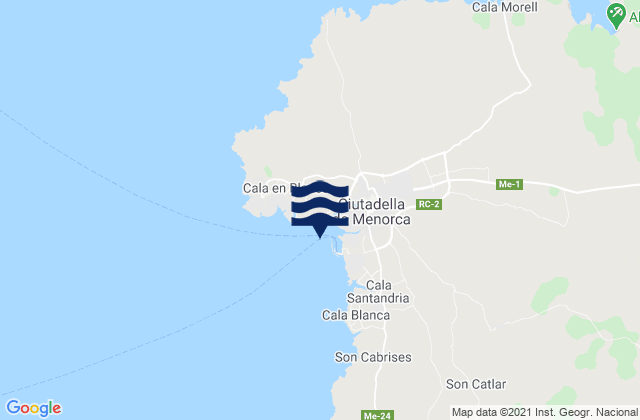 Mapa da tábua de marés em Ciudadela de Menorca, Spain