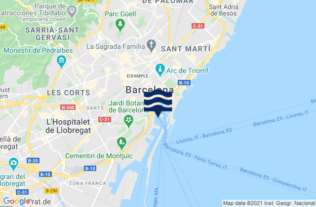 Mapa da tábua de marés em Ciutat Vella, Spain