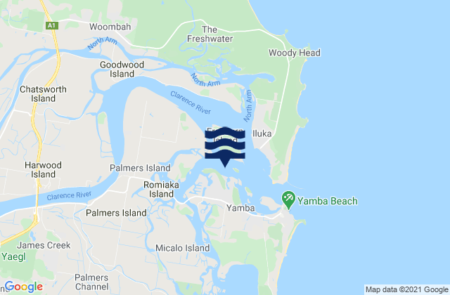 Mapa da tábua de marés em Clarence River, Australia